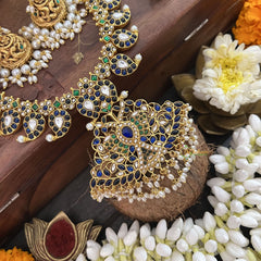 Vriksham Maanga Floral Pendant Style Kundan Jadau Short Neckpiece-Blur Green-Rice Pearl-J3348