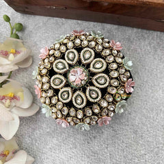 Vriksham Multi-Color Pastel Floral & Green Kundan Bun Cover With Hair Bun Cage Accessory-H1286