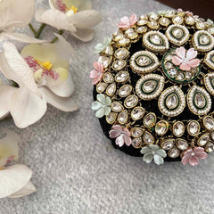 Vriksham Multi-Color Pastel Floral & Green Kundan Bun Cover With Hair Bun Cage Accessory-H1286