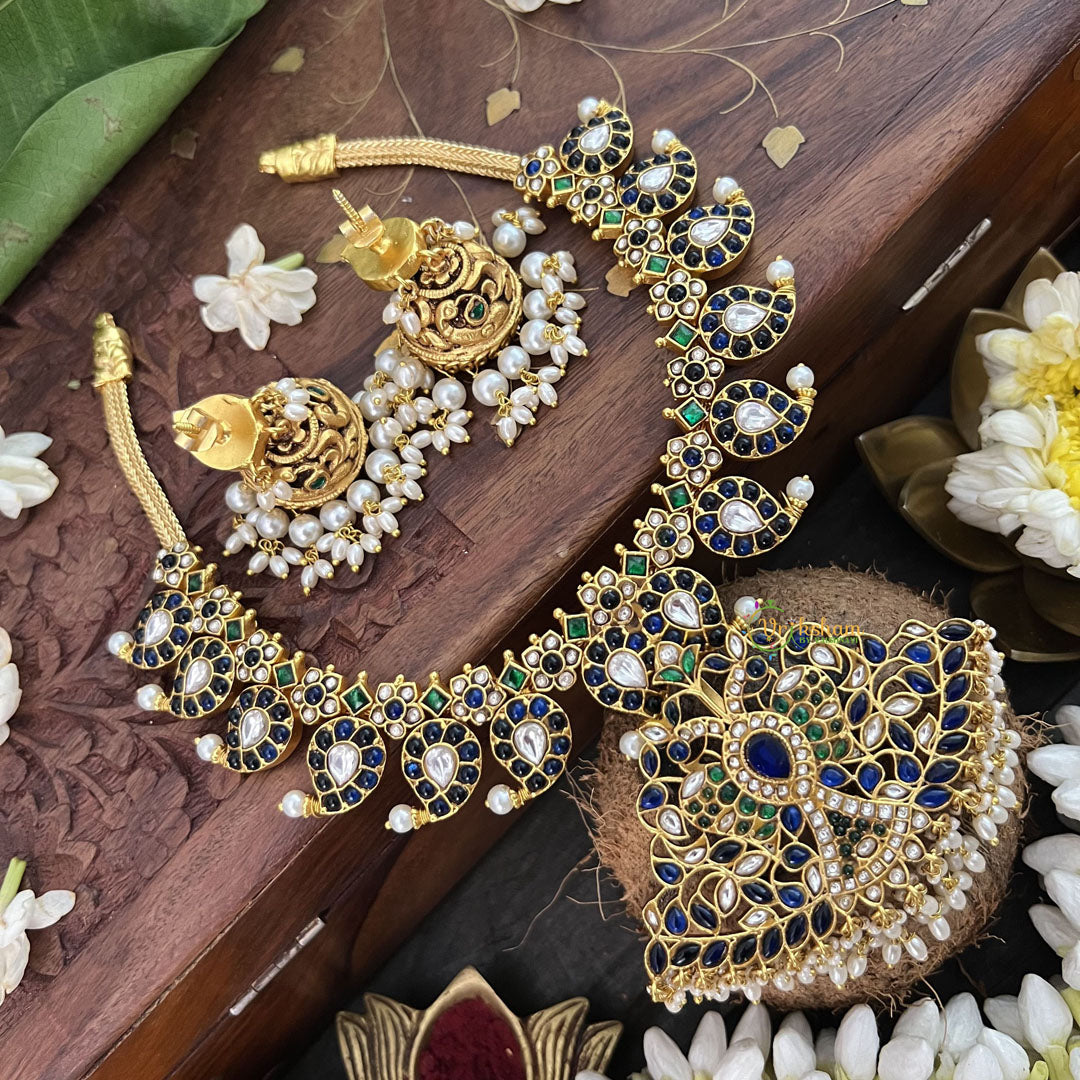 Vriksham Maanga Floral Pendant Style Kundan Jadau Short Neckpiece-Blur Green-Rice Pearl-J3348