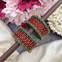 Vriksham Starry Bloom Red Glass Bangles with Floral Emerald Kundan Work-G19839
