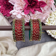 Vriksham Starry Bloom Red Glass Bangles with Floral Emerald Kundan Work-G19839