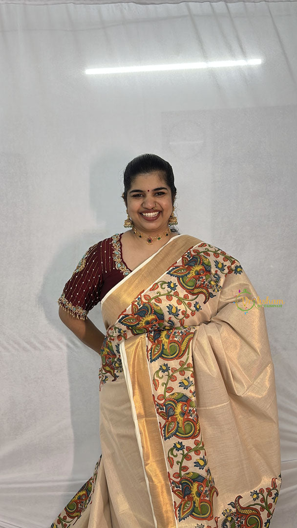 Vriksham Ksavu With Peacock & Floral Motif Cotton Tissue Saree-VS4697