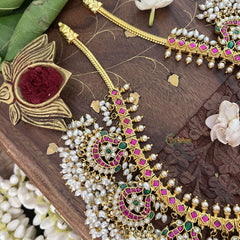 Vriksham 9 Peacock With Floral Style Short Guttapusalu  Neckpiece-Rice Pearl-J3343