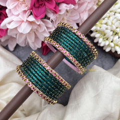 Vriksham Green Glass Bangles with Pink Star Border Bangle Set-G19844
