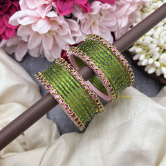 Vriksham Parrot Green Glass Bangles with Pink Star Border Bangle Set-G19846