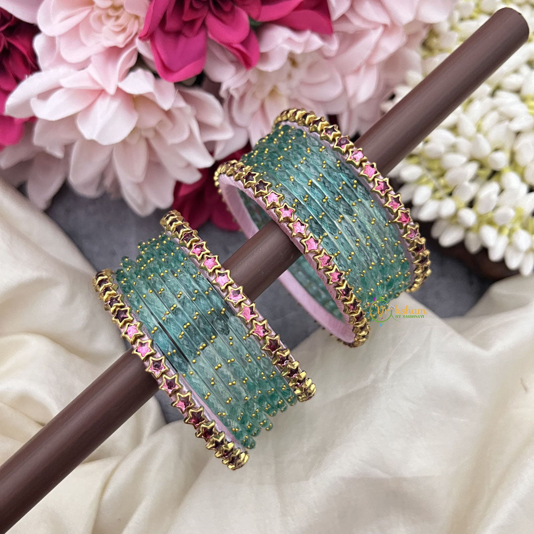 Vriksham Sky Blue Glass Bangles with Pink Star Border Bangle Set-G19845