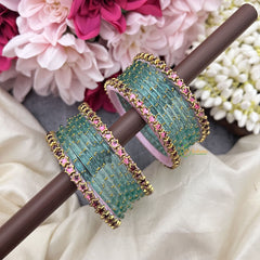Vriksham Sky Blue Glass Bangles with Pink Star Border Bangle Set-G19845