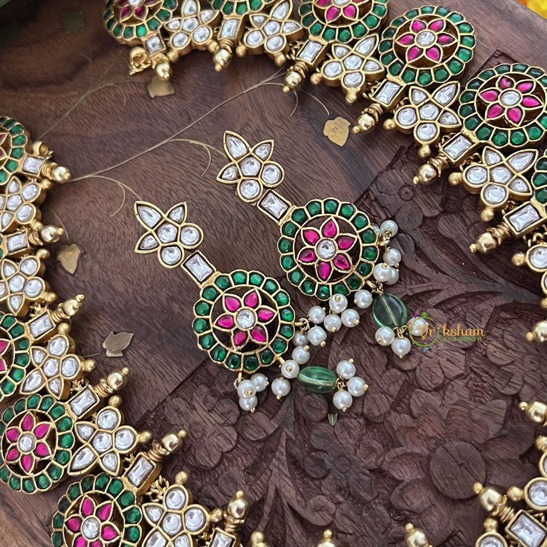 Vriksham Floral Coin Kudan Jadau Neckpiece-Red Green White-J3310