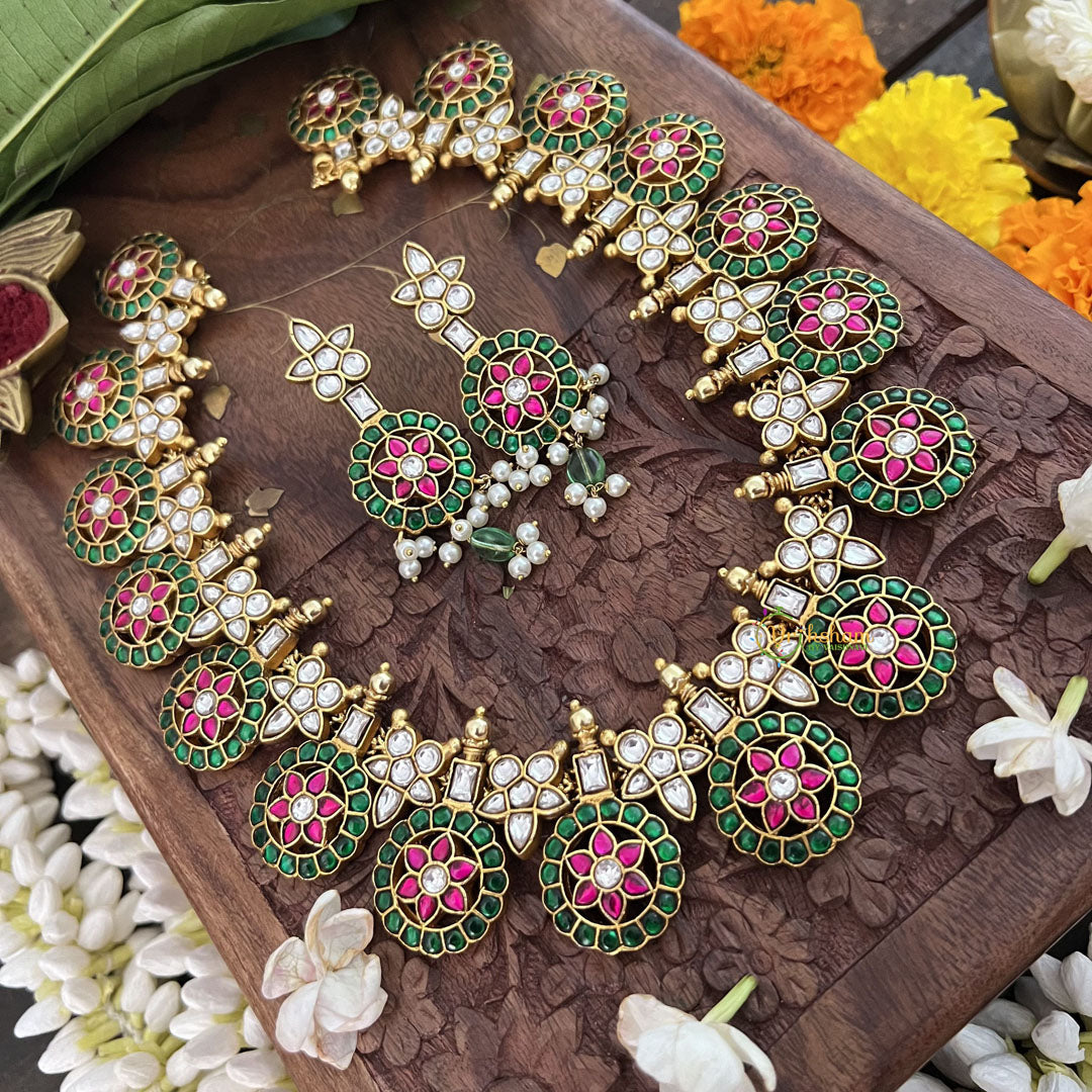 Vriksham Floral Coin Kudan Jadau Neckpiece-Red Green White-J3310