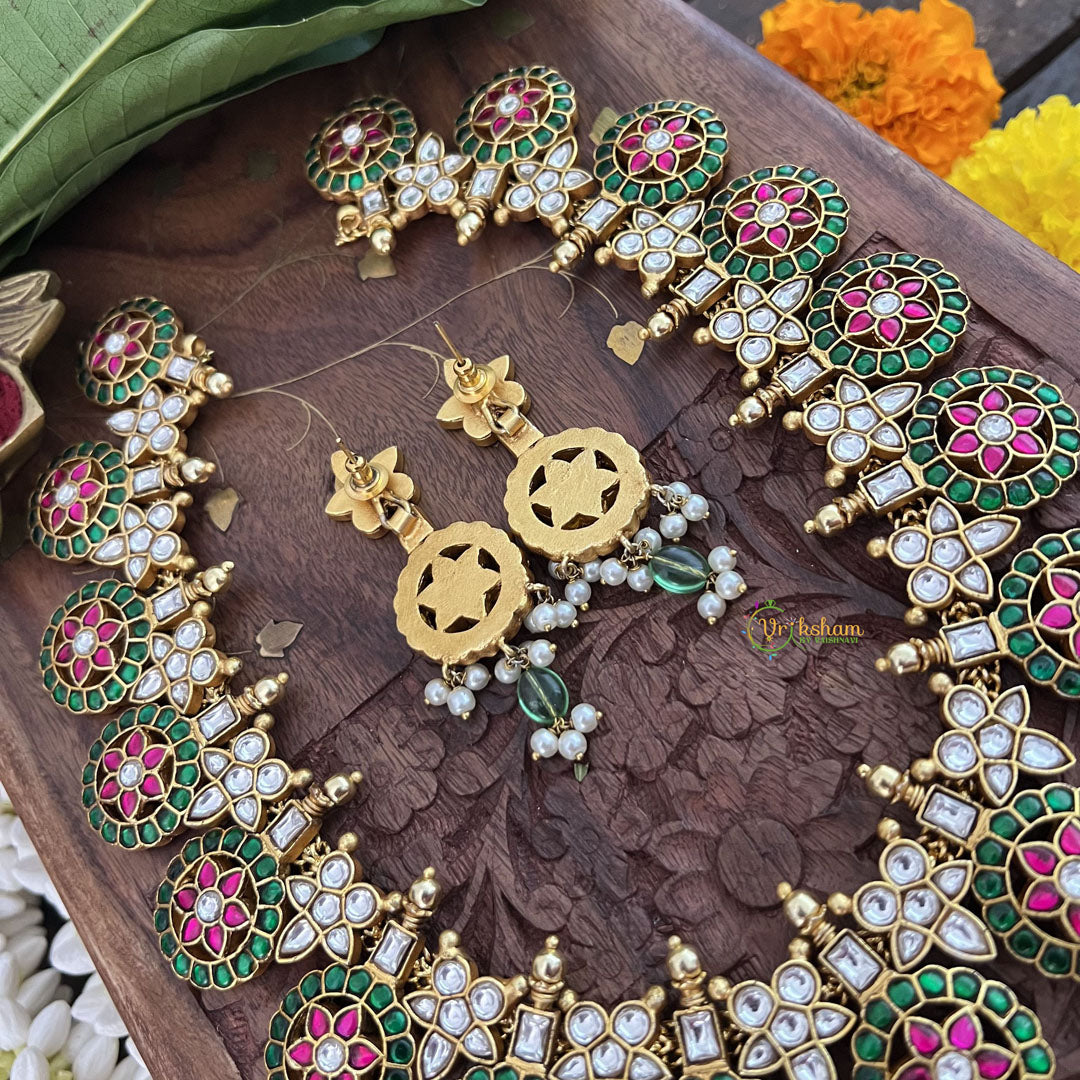 Vriksham Floral Coin Kudan Jadau Neckpiece-Red Green White-J3310