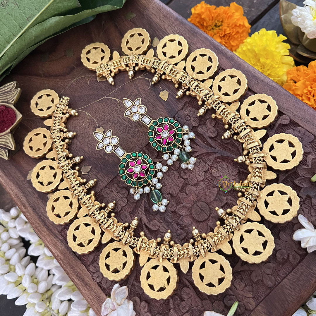 Vriksham Floral Coin Kudan Jadau Neckpiece-Red Green White-J3310