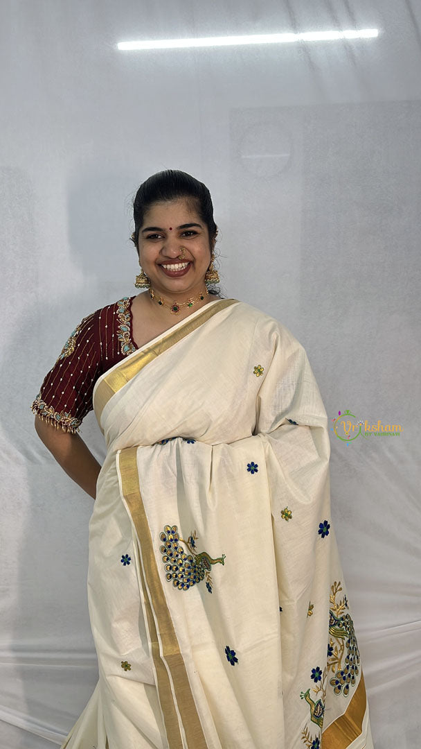 Vriksham Kasavu Zari Work Cotton Saree-Peacock-Tassel Work-VS4340