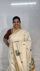 Vriksham Kasavu Zari Work Cotton Saree-Peacock-Tassel Work-VS4340