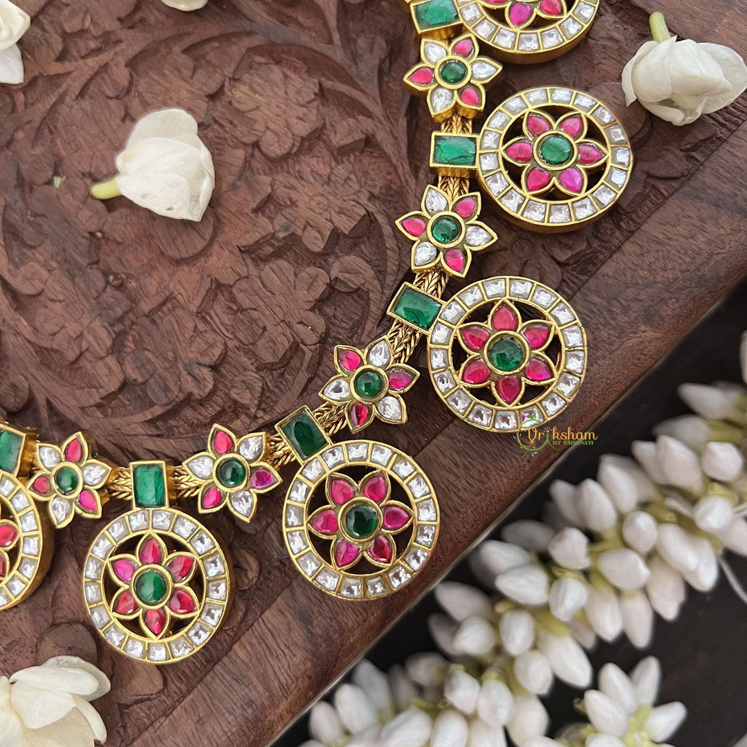 Vriksham 18 Chakri Style Kundan Jadau Short Neckpiece-Green Red White-J3353
