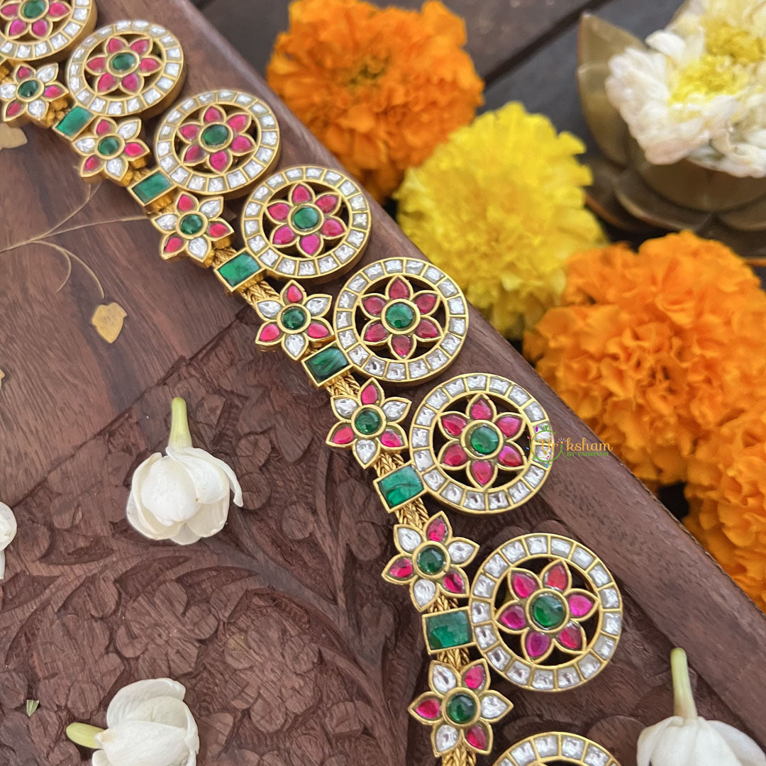 Vriksham 18 Chakri Style Kundan Jadau Short Neckpiece-Green Red White-J3353