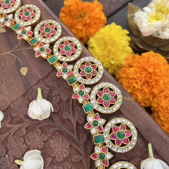 Vriksham 18 Chakri Style Kundan Jadau Short Neckpiece-Green Red White-J3353