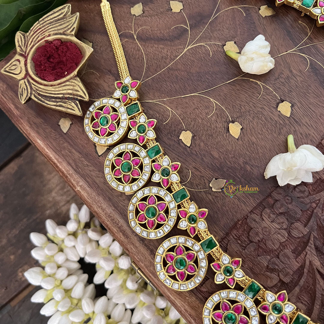 Vriksham 18 Chakri Style Kundan Jadau Short Neckpiece-Green Red White-J3353