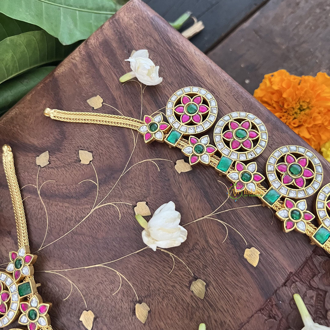 Vriksham 18 Chakri Style Kundan Jadau Short Neckpiece-Green Red White-J3353