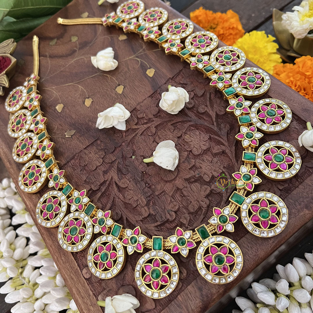 Vriksham 18 Chakri Style Kundan Jadau Short Neckpiece-Green Red White-J3353