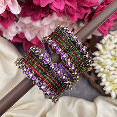 Vriksham  Red & Green Glass Bangles with Purple Floral Kundan Accents Silk Thread Bangle Set-G19847