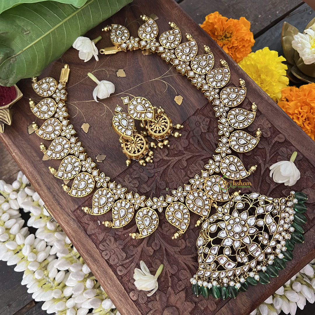 Vriksham Maanga Style Kundan Jadau Short Neckpiece-White-Aqua Green Bead-Pearl-J3354