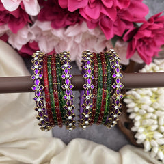 Vriksham  Red & Green Glass Bangles with Purple Floral Kundan Accents Silk Thread Bangle Set-G19847