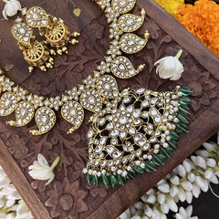 Vriksham Maanga Style Kundan Jadau Short Neckpiece-White-Aqua Green Bead-Pearl-J3354