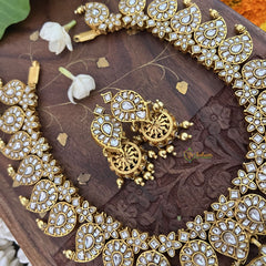 Vriksham Maanga Style Kundan Jadau Short Neckpiece-White-Aqua Green Bead-Pearl-J3354