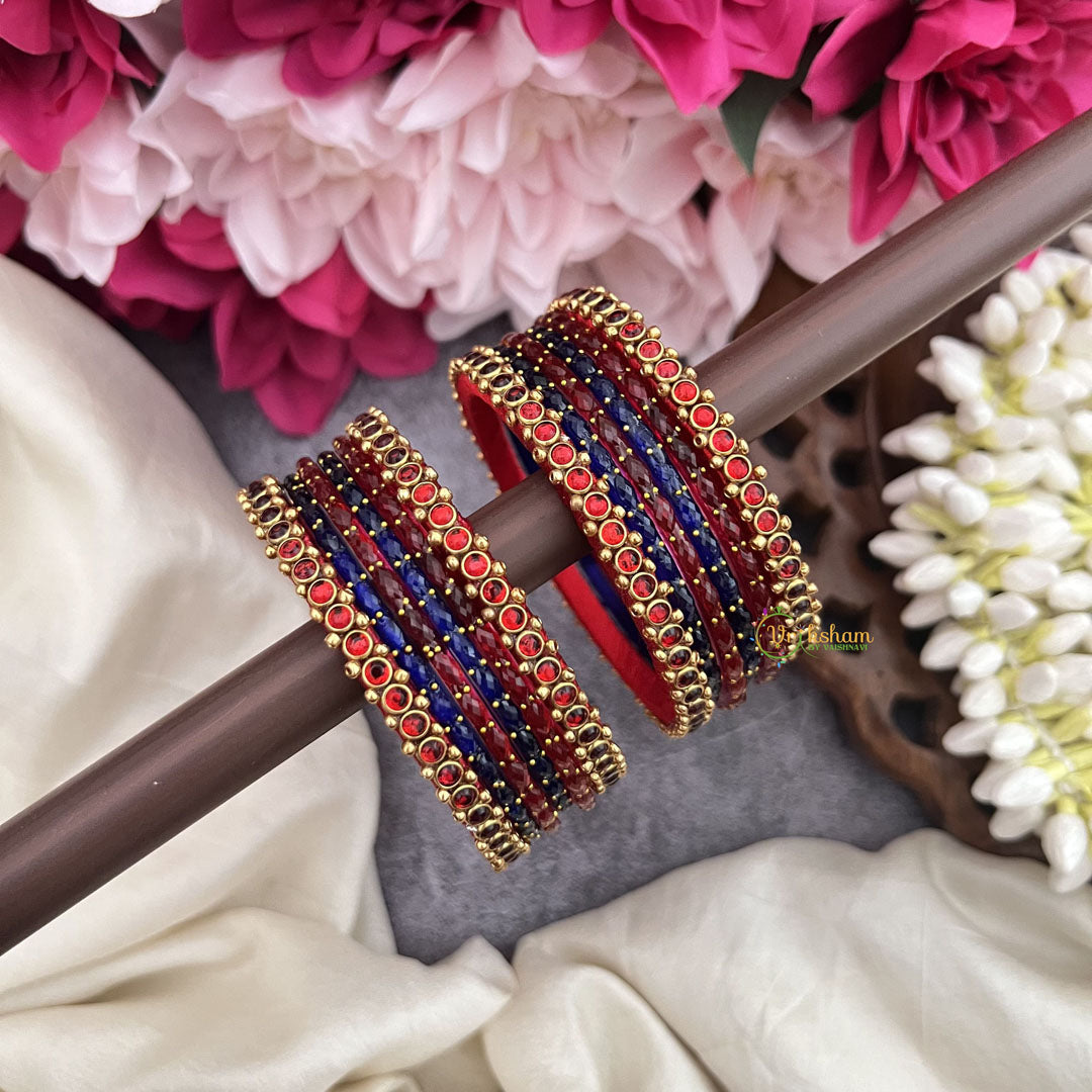 Vriksham Rang Rati Royal Blue & Red Glass Bangles with Ruby Meenakari Borders Silk Thread Bangle Set-G19848