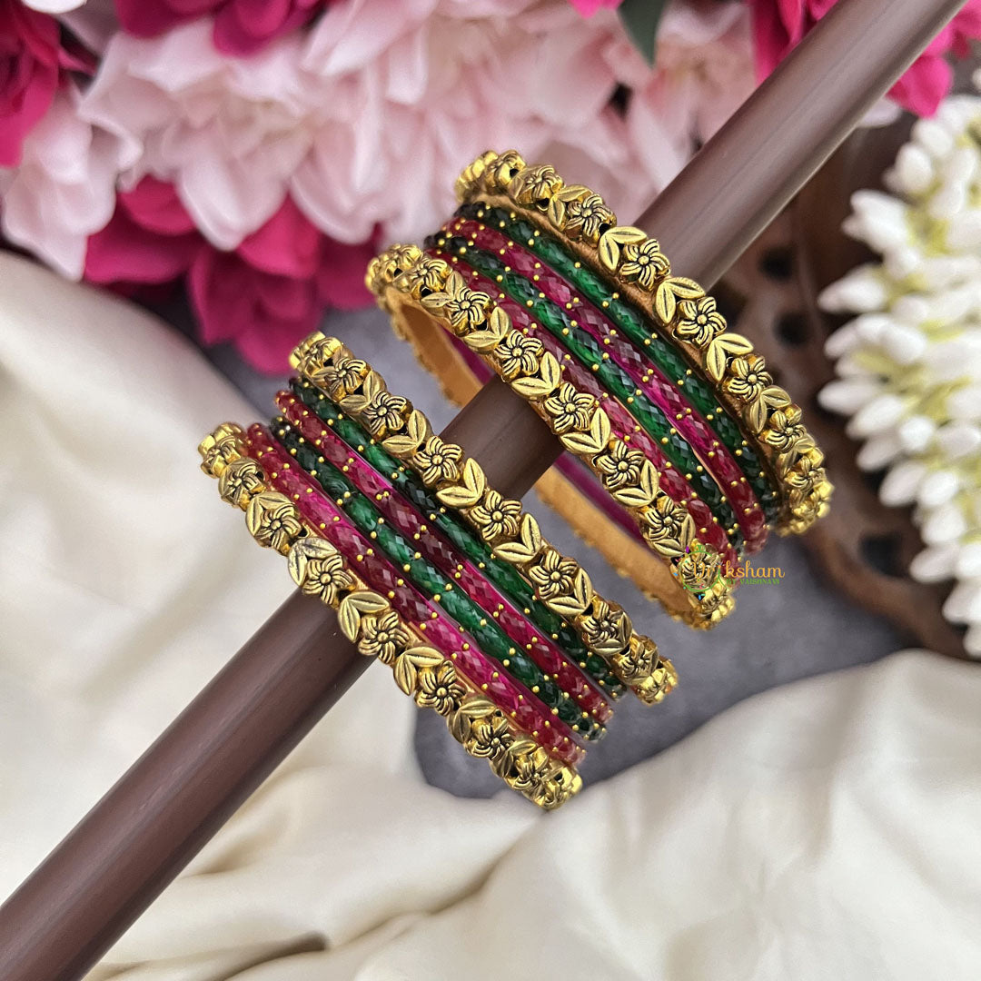Vriksham Pushpa Pankhuri  Pink & Green Glass Bangles with Floral Gold Kada Silk Thread Bangle Set-G19849