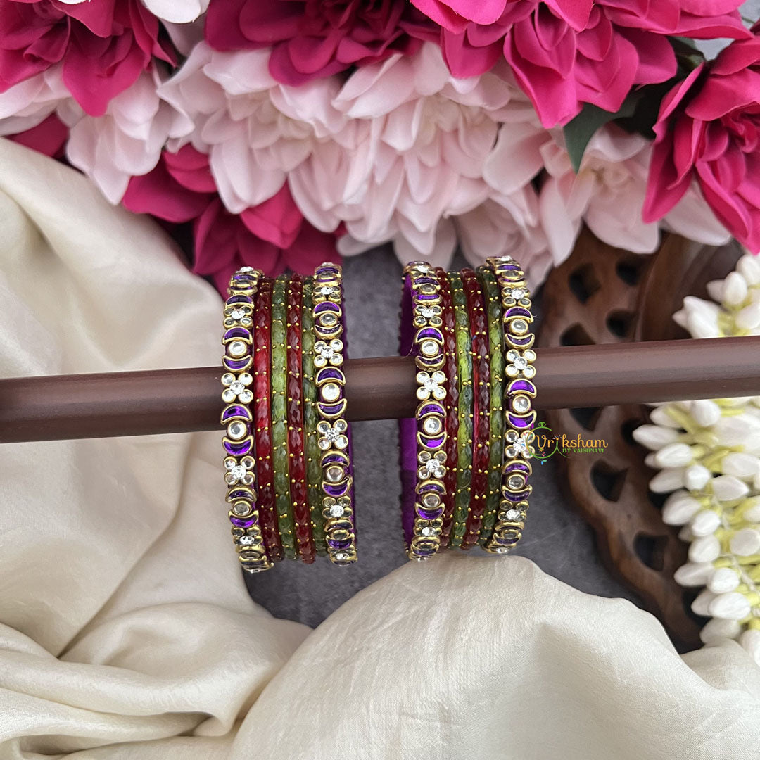 Vriksham Chandrika Red & Olive Green Glass Bangles with Moon Motif Stone Kada Silk Thread Bangle Set-G19850