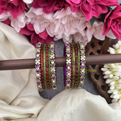 Vriksham Chandrika Red & Olive Green Glass Bangles with Moon Motif Stone Kada Silk Thread Bangle Set-G19850