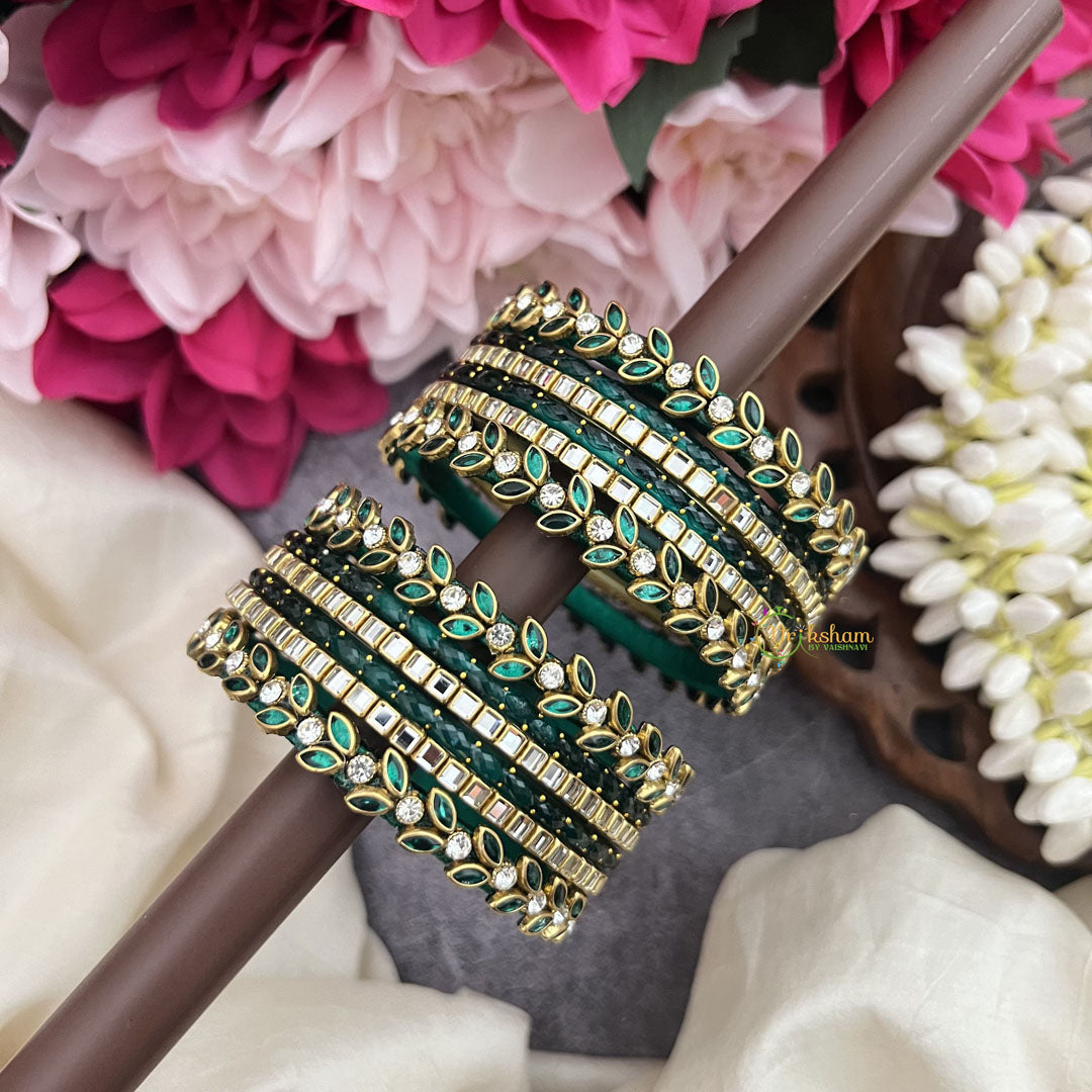 Vriksham Elegant Green and Gold Leaf Crystal Silk Thread Bangle Set-G19852