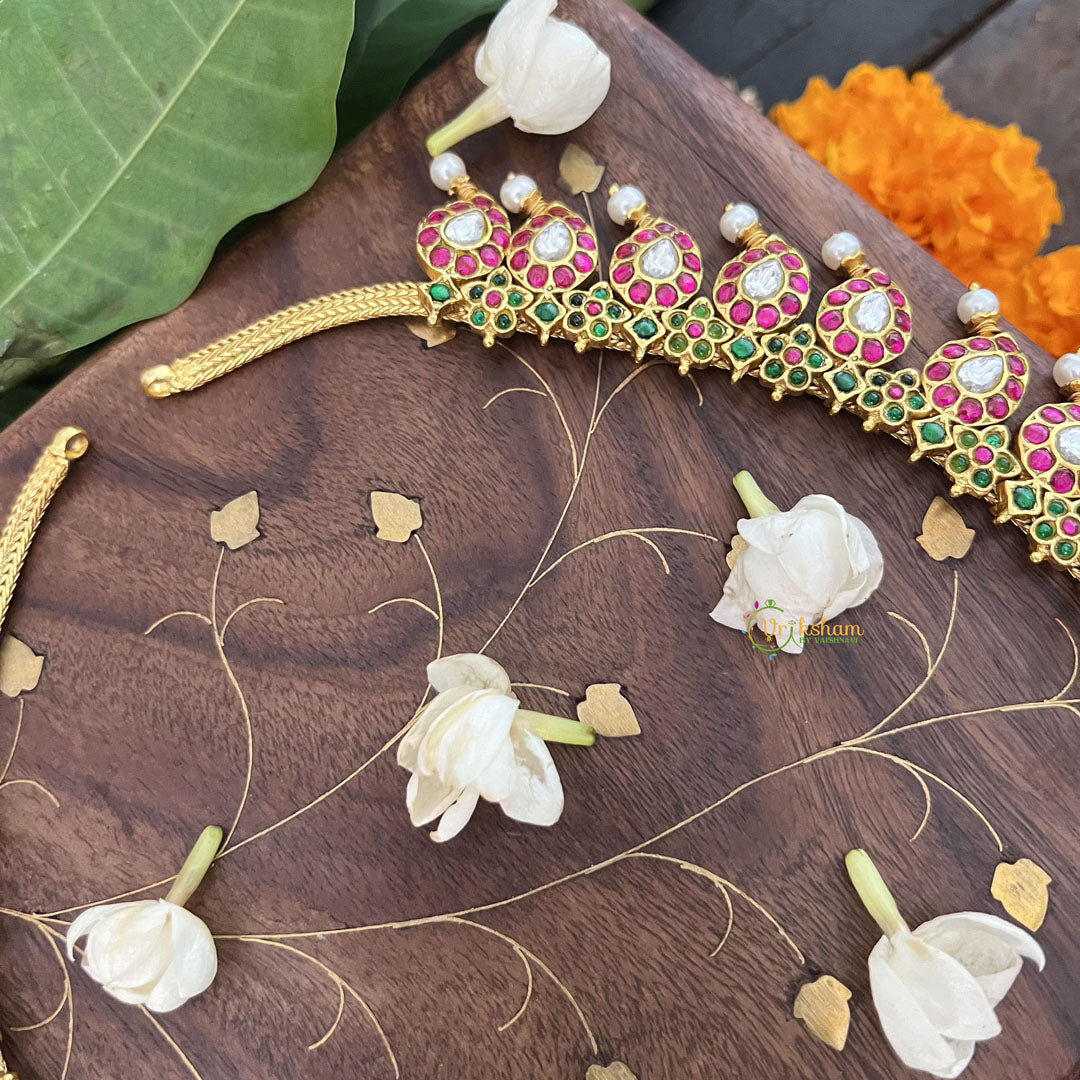 Vriksham Maanga Style With Peacock Kundan Jadau Long Neckpiece-White Red-Pearl-J3355