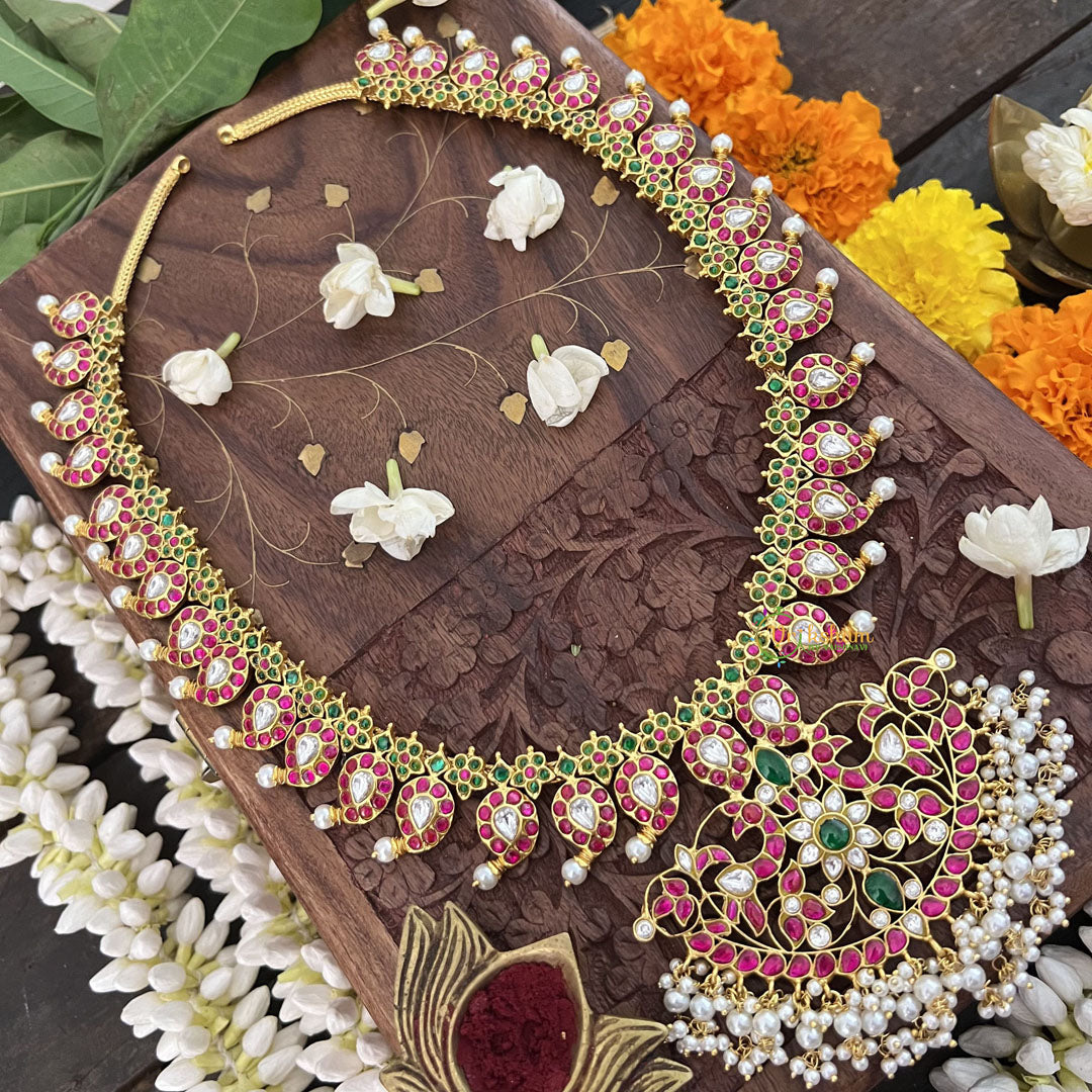 Vriksham Maanga Style With Peacock Kundan Jadau Long Neckpiece-White Red-Pearl-J3355