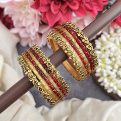 Vriksham Rustic Gold & Red Glass Bangles–Antique Finish Traditional  Silk Thread Bangle Set-G19855