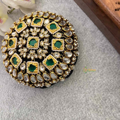 Vriksham Antique Gold-Finish Geometric Green Centerstones Style With Hair Bun Cage Accessory-H1292
