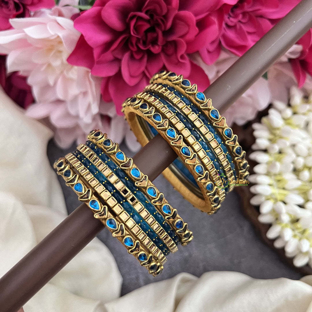 Vriksham Royal Blue Glass Bangle  & Gold Heart Traditional Mirror Work Silk Thread Bangle Set-G19856
