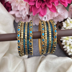 Vriksham Royal Blue Glass Bangle  & Gold Heart Traditional Mirror Work Silk Thread Bangle Set-G19856