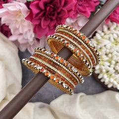 Vriksham Sunset Orange Glass Bangle & Gold Stone Bangles Silk Thread Bangle Set-G19857