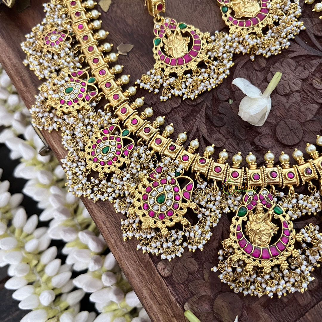 Vriksham Bridal God Shree Gansh Lakshmi Pendant Kundan Jadau Guttapusalu Neckpiece-Pearl-J3391