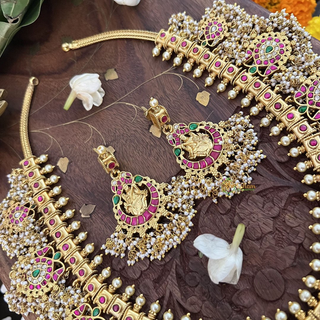 Vriksham Bridal God Shree Gansh Lakshmi Pendant Kundan Jadau Guttapusalu Neckpiece-Pearl-J3391