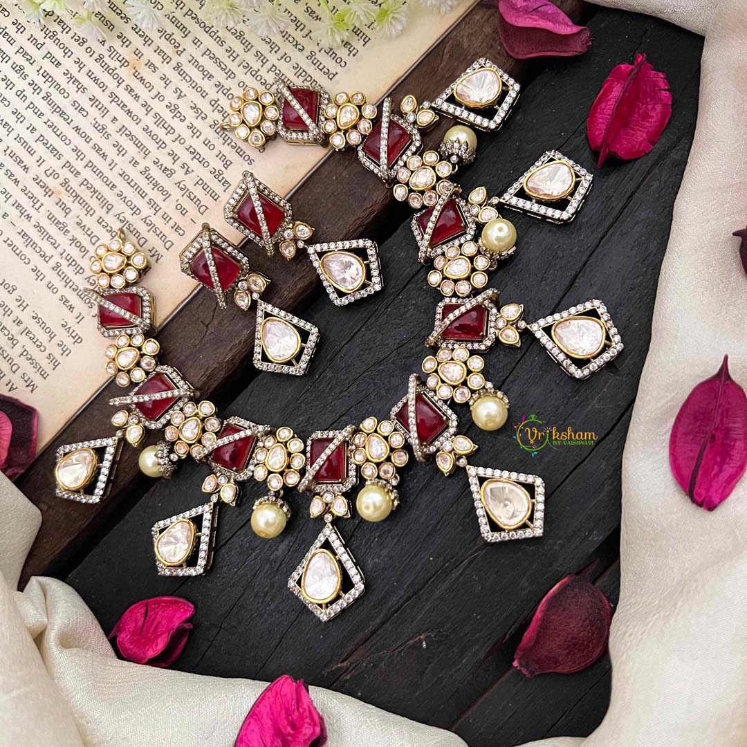 Stylish Floral Ruby Red Victorian Diamond Haram-VV1761