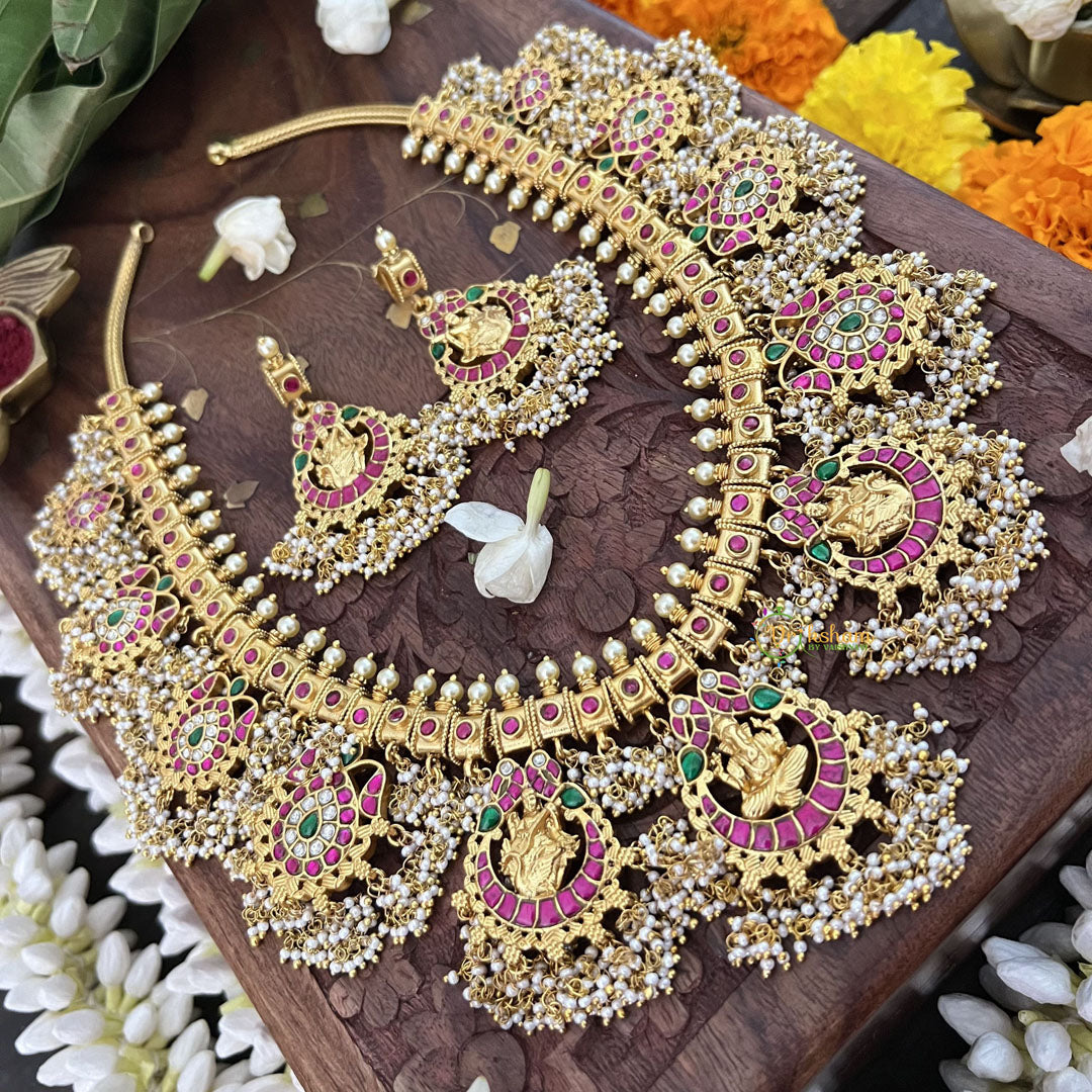 Vriksham Bridal God Shree Gansh Lakshmi Pendant Kundan Jadau Guttapusalu Neckpiece-Pearl-J3391