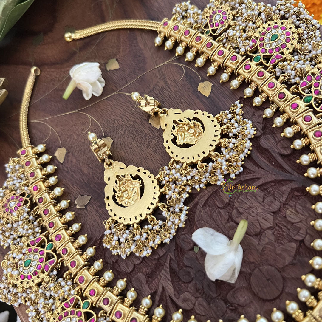 Vriksham Bridal God Shree Gansh Lakshmi Pendant Kundan Jadau Guttapusalu Neckpiece-Pearl-J3391