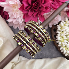 Vriksham Royal Purple Glass Bangle & Kundan Gold Floral Mirror Work Silk Thread Bangle Set-G19860