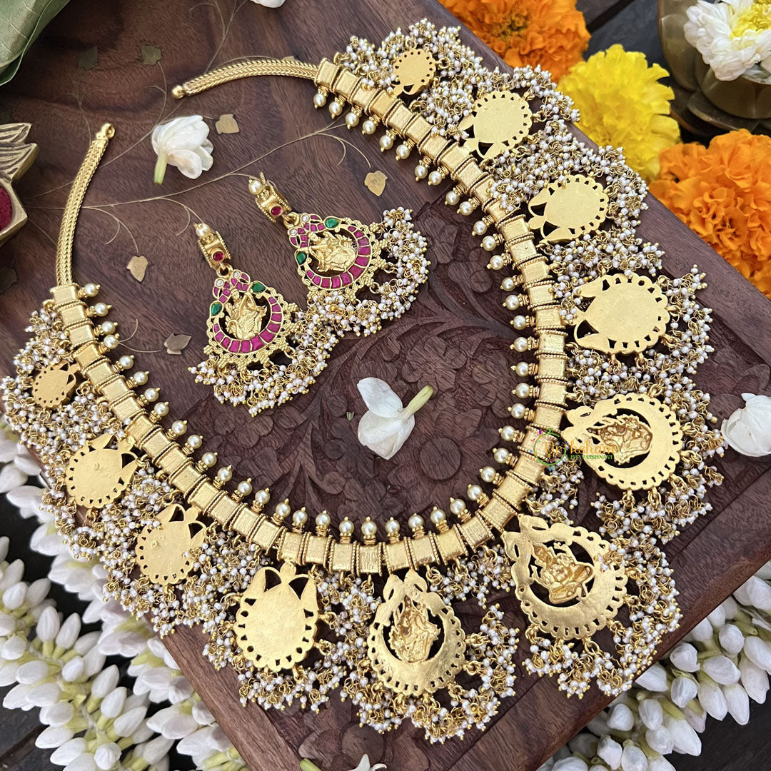 Vriksham Bridal God Shree Gansh Lakshmi Pendant Kundan Jadau Guttapusalu Neckpiece-Pearl-J3391