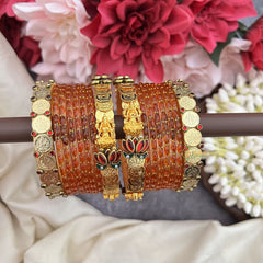 Vriksham Orange Glass Bangle Vintage Lakshmi Coin Detailing Silk Thread Bangle Set-G19861
