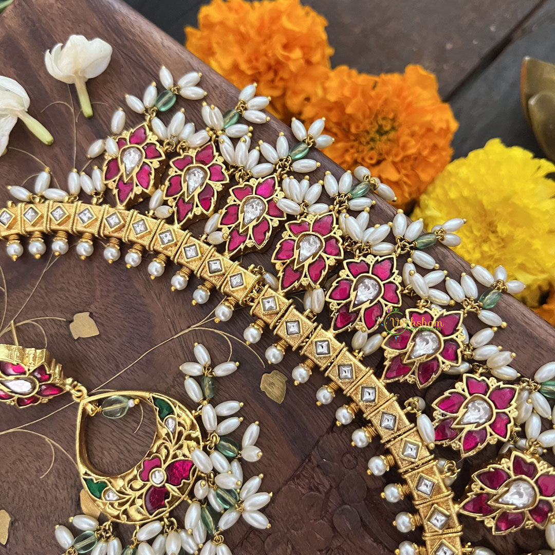 Vriksham Bridal Diva God Saraswati Pendant Style Kundan Jadau  Guttapusalu Neckpiece-Rice Pearl-J3390